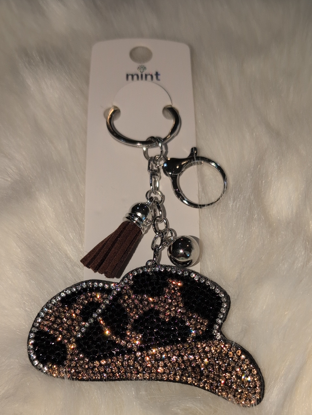 Mint Brown Leopard Rhinestone Cowboy Hat Keychain Bag Charm